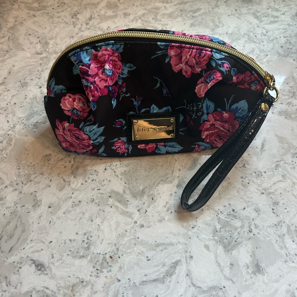Betsey Johnson Black and Pink Floral Cosmetic Bag